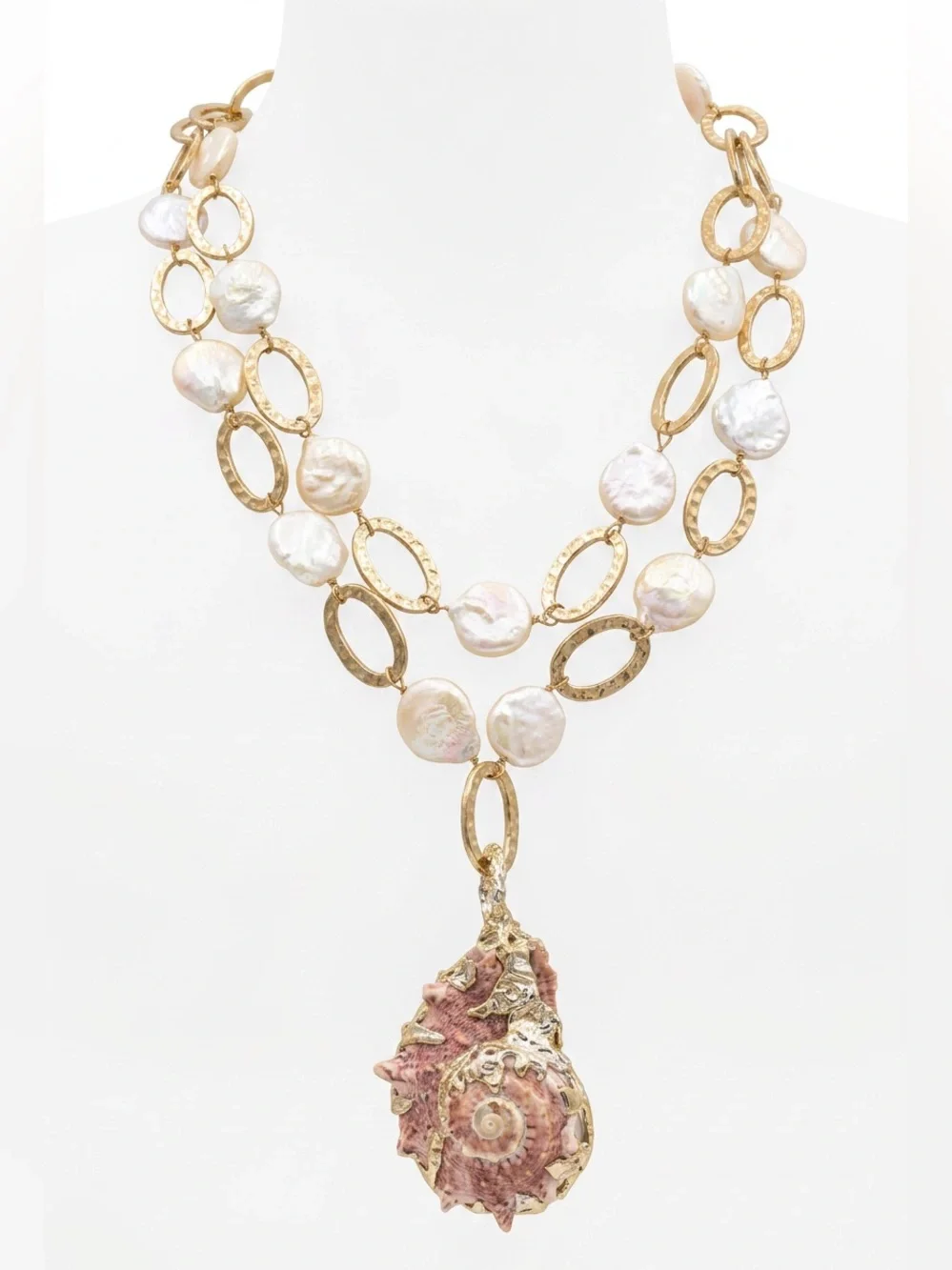 Conch Shell & White Keshi Teardrop Pearl Necklace With Artisan Silver Metalwork - Picture 3 of 17